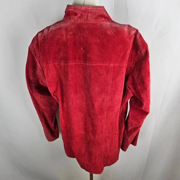 Chicos Red Suede Leather Jacket Size 2 Large Double Zip Flaw Work Jacket Lined - Picture 2 of 10